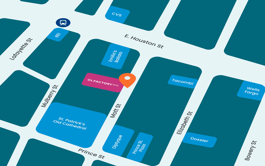 Map showing Olfactory NYC at 281 Mott Street, New York, NY