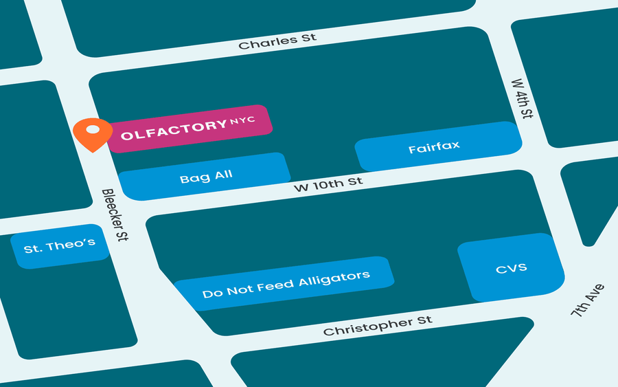 Map showing Olfactory NYC at 355 Bleecker Street, New York, NY