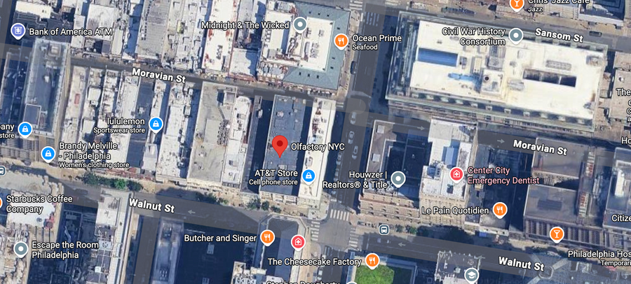 Map showing Olfactory NYC at 1505 Walnut Street, Philadelphia, PA
