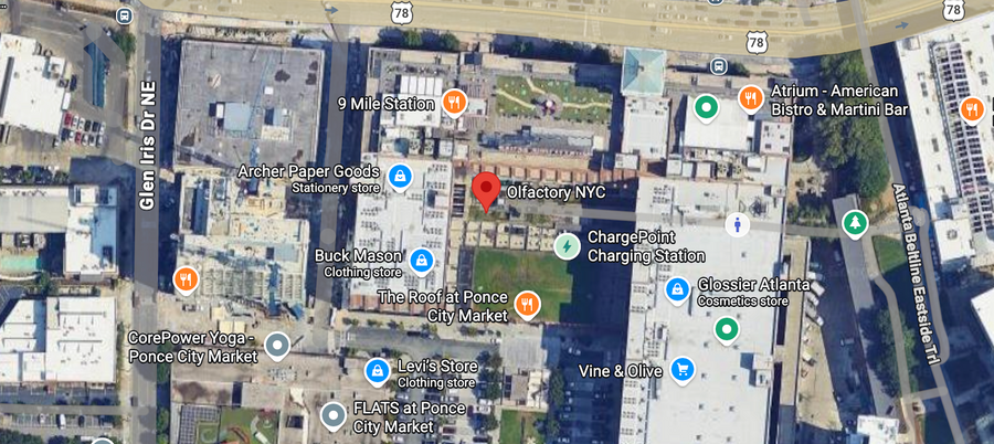 Map showing Olfactory NYC at 675 Ponce De Leon Ave NE Suite W122, Atlanta, GA