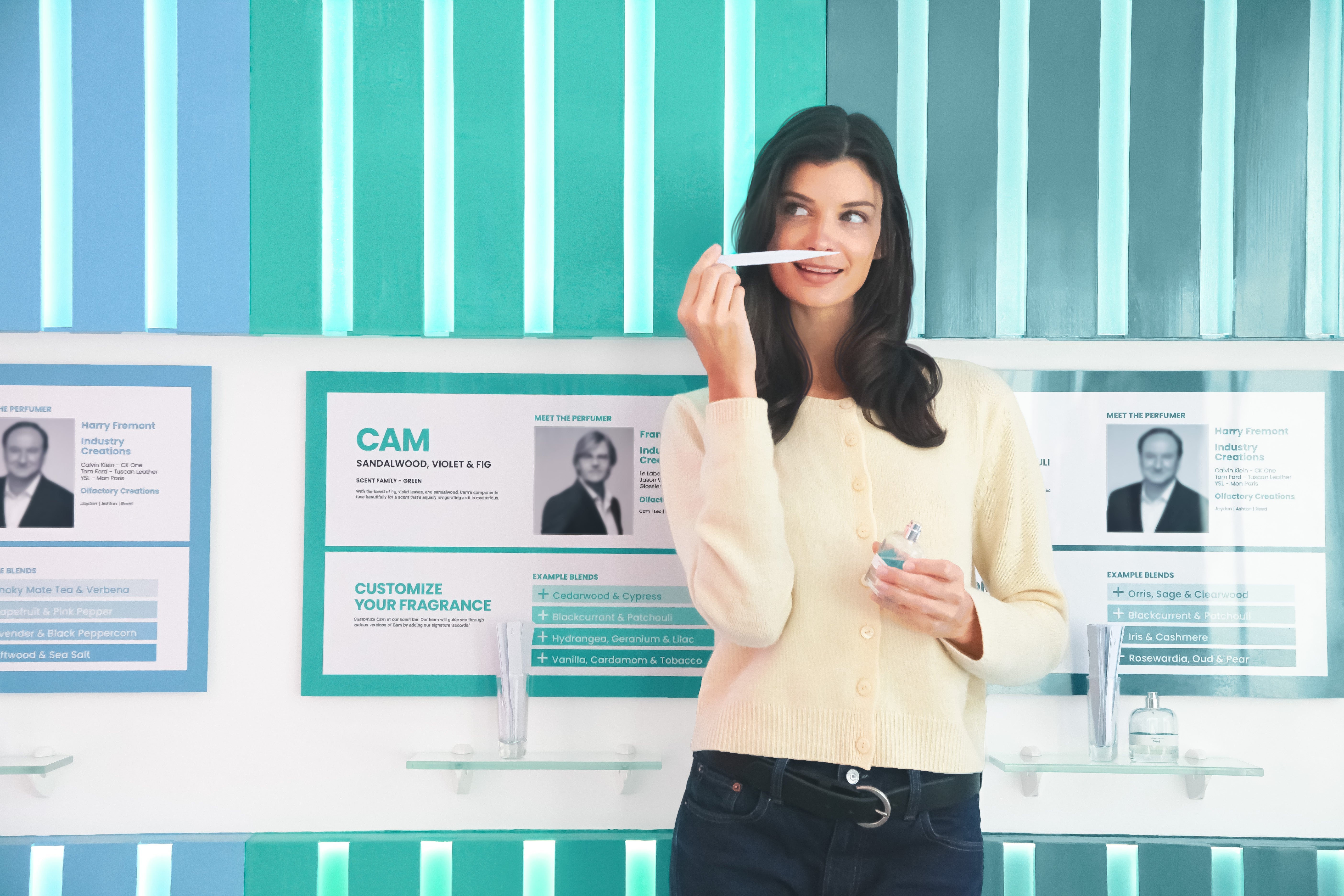 Customer smelling scent strip in an Olfactory studio